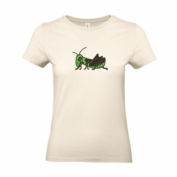Camiseta con ilustración de un saltamontes. Algodón, fondo color crudo.